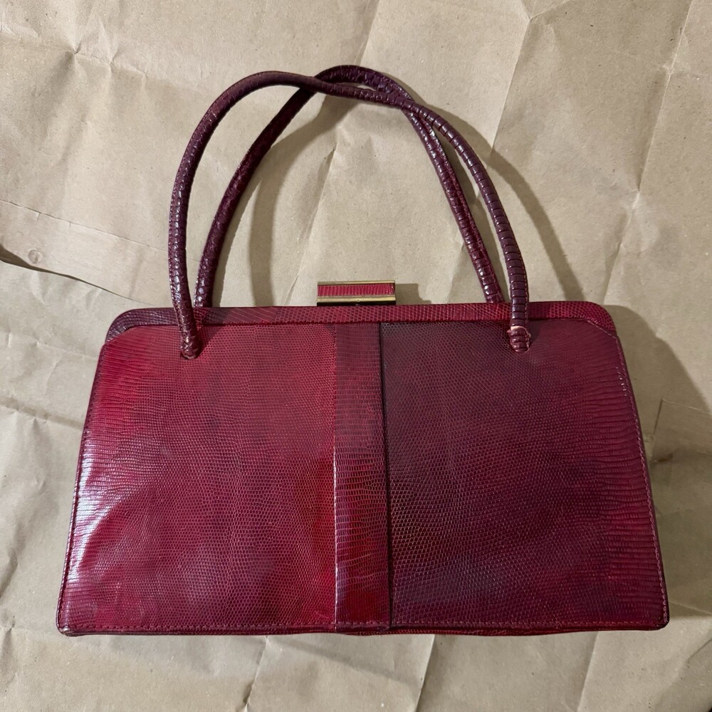 Vintage 1960s est Burgundy Lizard Skin Handbag Gold Clasp Double Handle Purse - Picture 2 of 10
